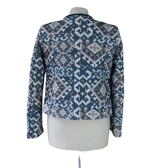 H&M Women's Sz 2 Open Front Blue Blazer Linen Aztec Boho Casual Career - Picture 4 of 8